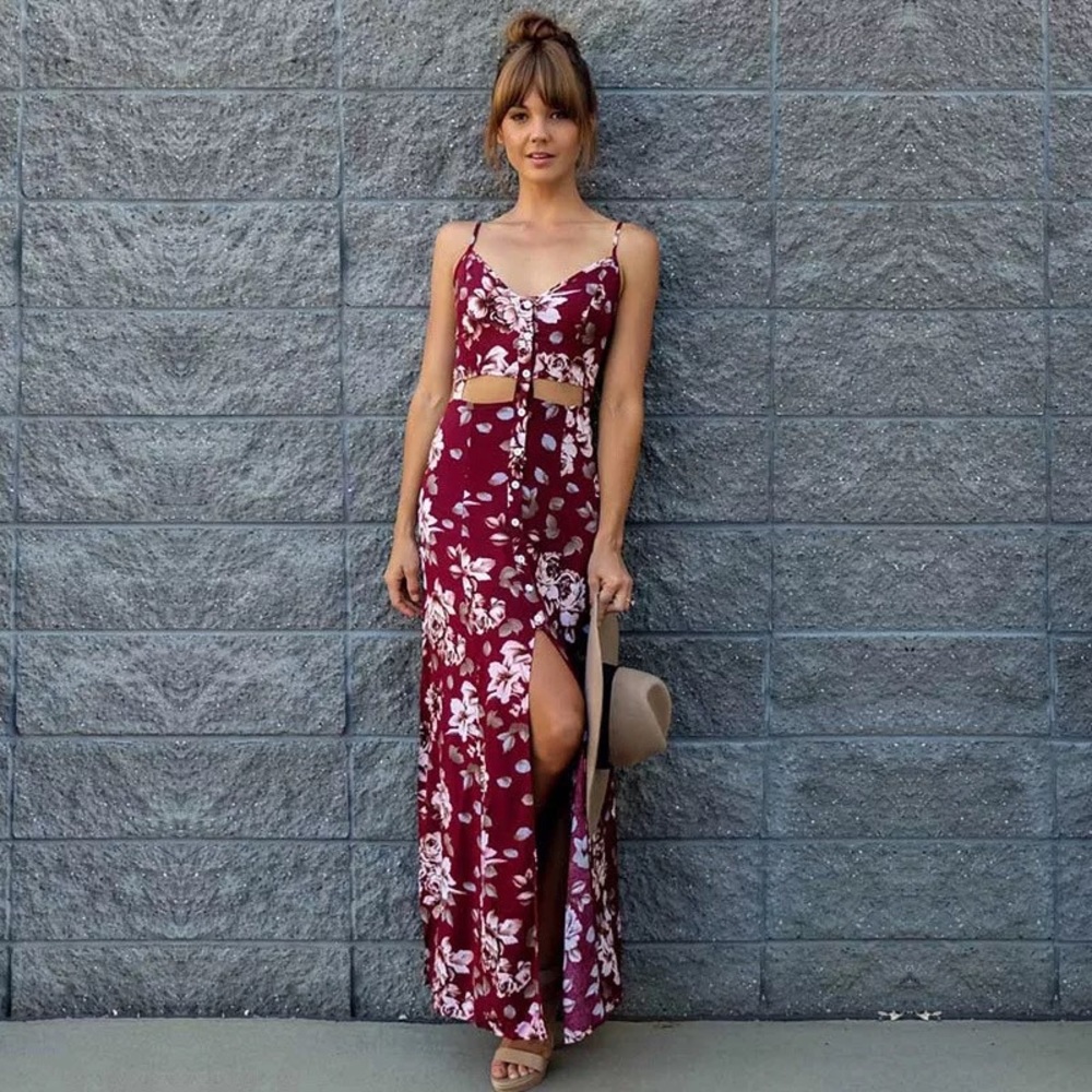 Open Cutout Midriff Bold Burgundy Floral Chiffon Maxi Dress - Picture 2 of 4